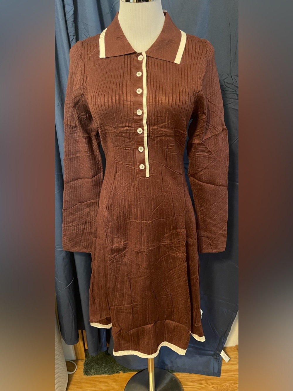 Brown Long-Sleeve Ribbed Polo Dress with Contrast Trim